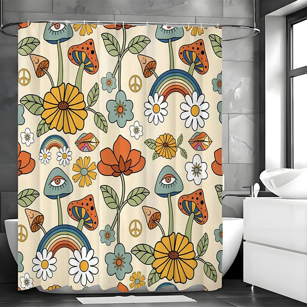 DUSCHVORHANG Champignon Boho Floral 180/180 cm Stoff mit 12 Haken - Ulmefarben, Kunststoff (180/180cm) - MCBOSON
