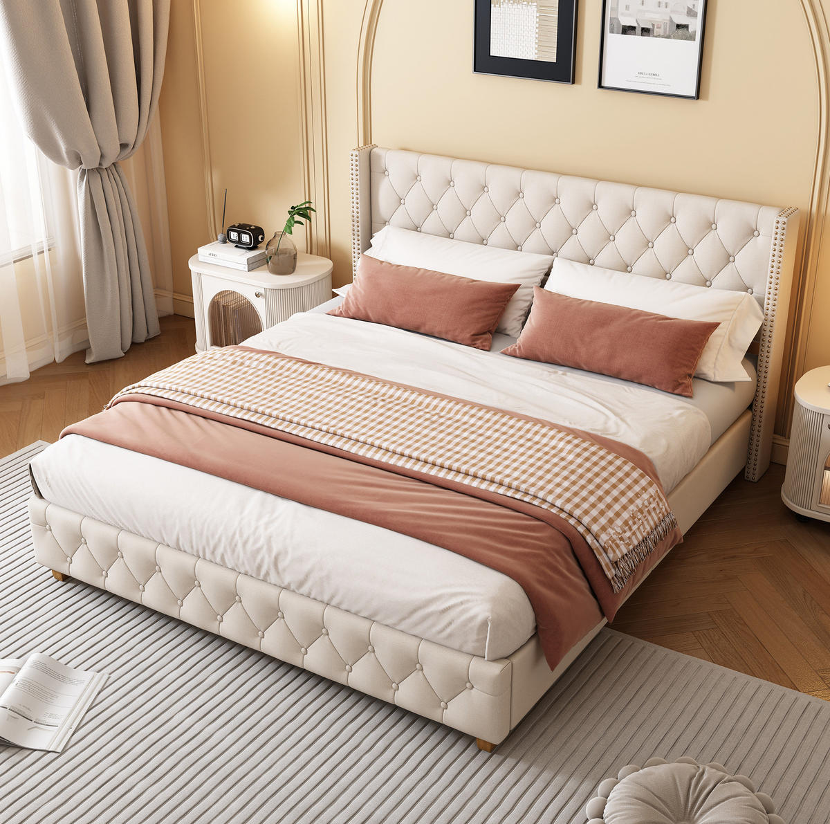 POLSTERBETT 180/200 cm mit Lattenrost, Knopfheftung & Nieten am Kopfteil, Beige - Beige, Textil (180/200cm) - Redom