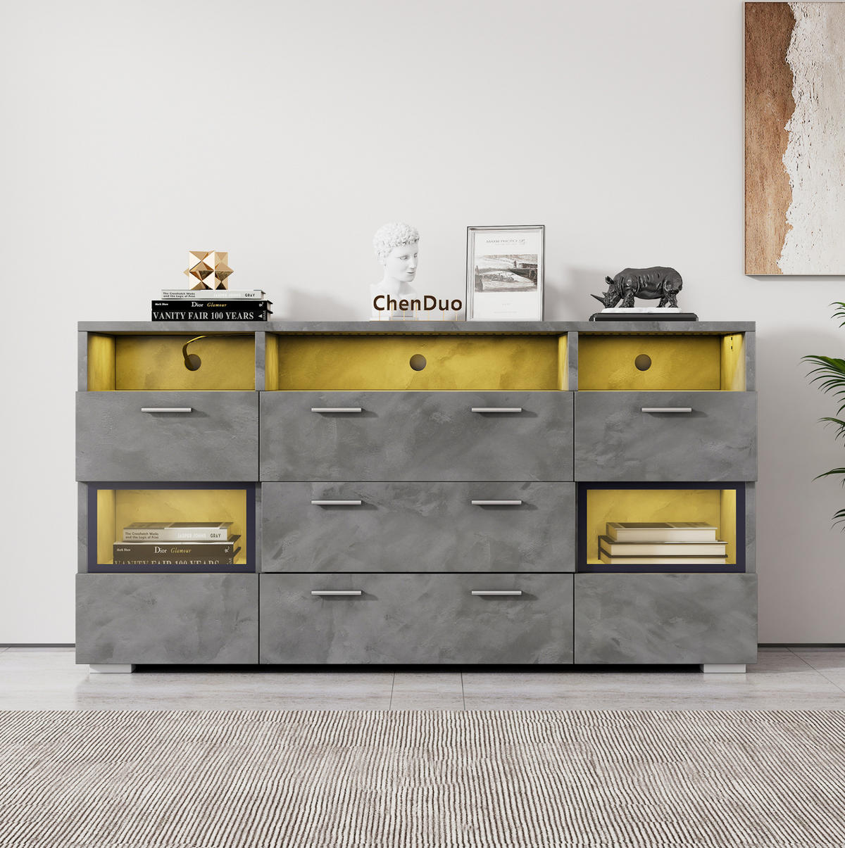 SIDEBOARD aus Spanplatte 140x33,5x72,5 cm Grau mit LED-Beleuchtung, Acryltüren und viel Stauraum - Grau, Holzwerkstoff (140/72.5/33.5cm) - Modfu