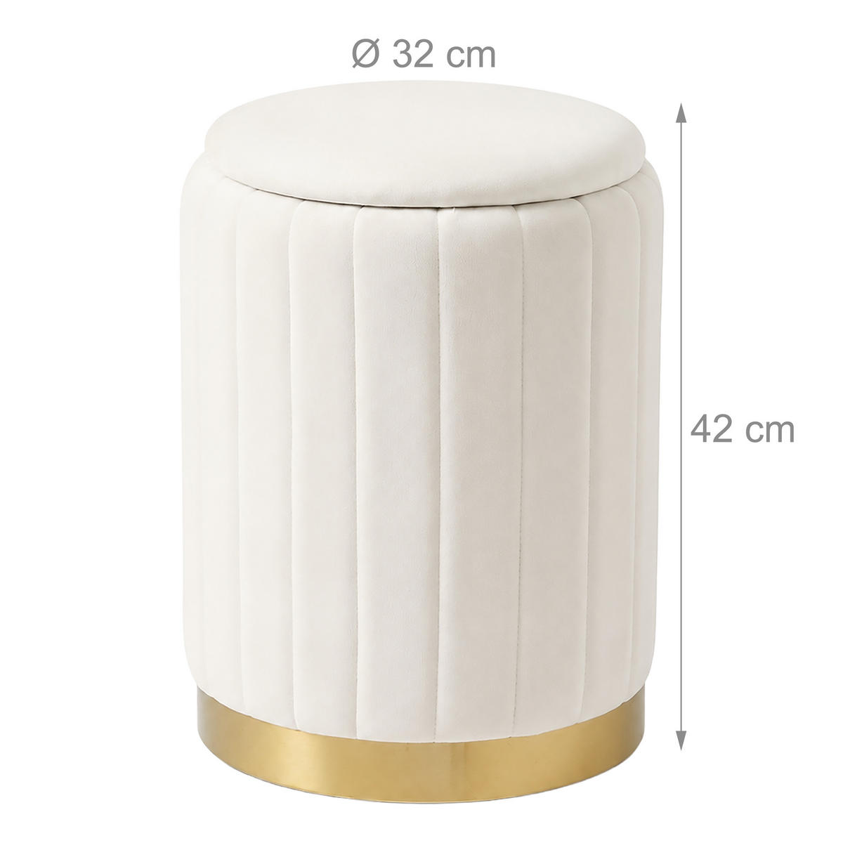 HOCKER Weiß Samt mit Stauraum rund goldfarbener Metallsockel - Weiß, Holzwerkstoff/Textil (32/42/32cm) - Relaxdays