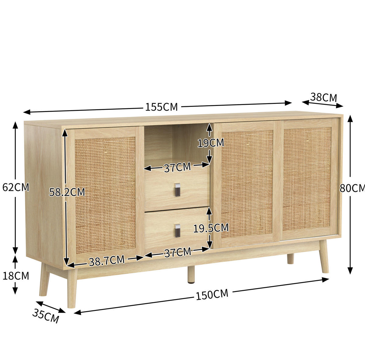 SIDEBOARD 155/38/80 cm in Holzfarbe mit 3 Schiebetüren und 2 Schubladen - Naturfarben, Holzwerkstoff (155/80/38cm) - Flora Grace