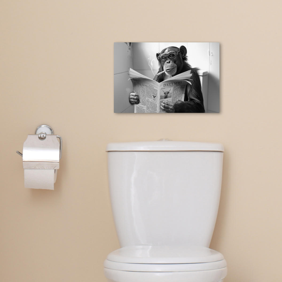 SLIKA NA PLATNU Opica WC 30x20 cm - svetlo siva, tekstil (30/20cm) - MuchoWow