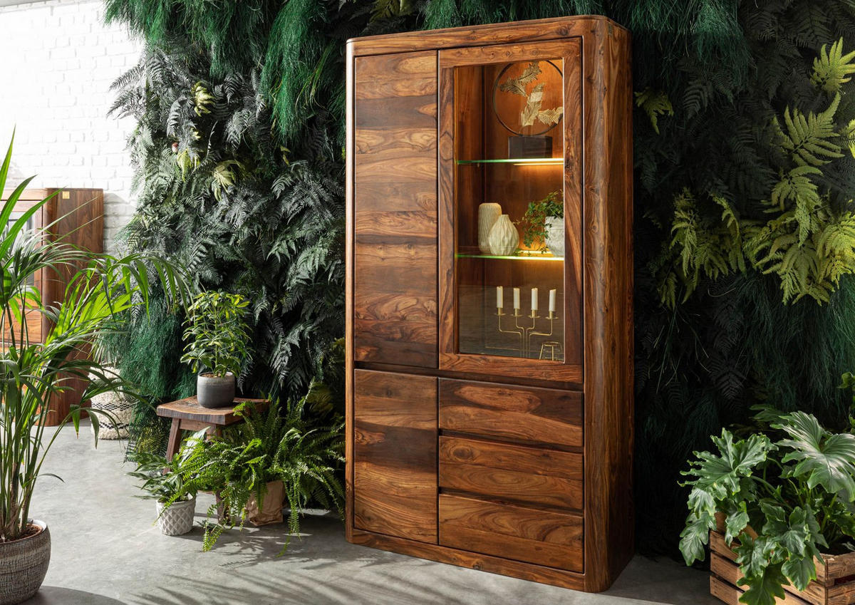 VITRINE Sheesham 109x40x202 walnuss gewachst TORONTO #211 - Walnussfarben, Holzwerkstoff (109/202/40cm) - Massivmoebel24