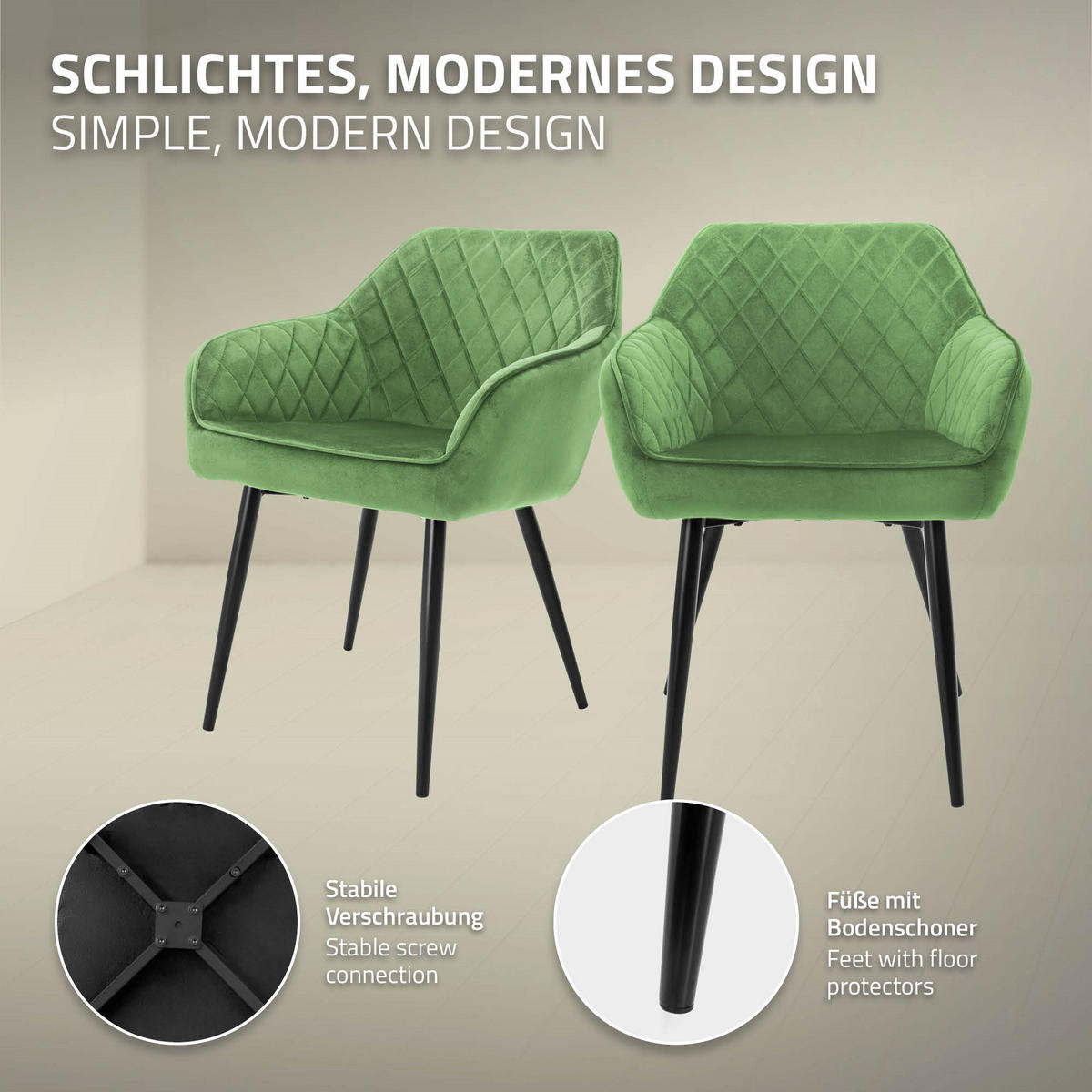 ESSZIMMERSTUHL 6er Set Salbei Samt - Schwarz/Grün, Textil/Metall (63/80/60cm) - ML-DESIGN