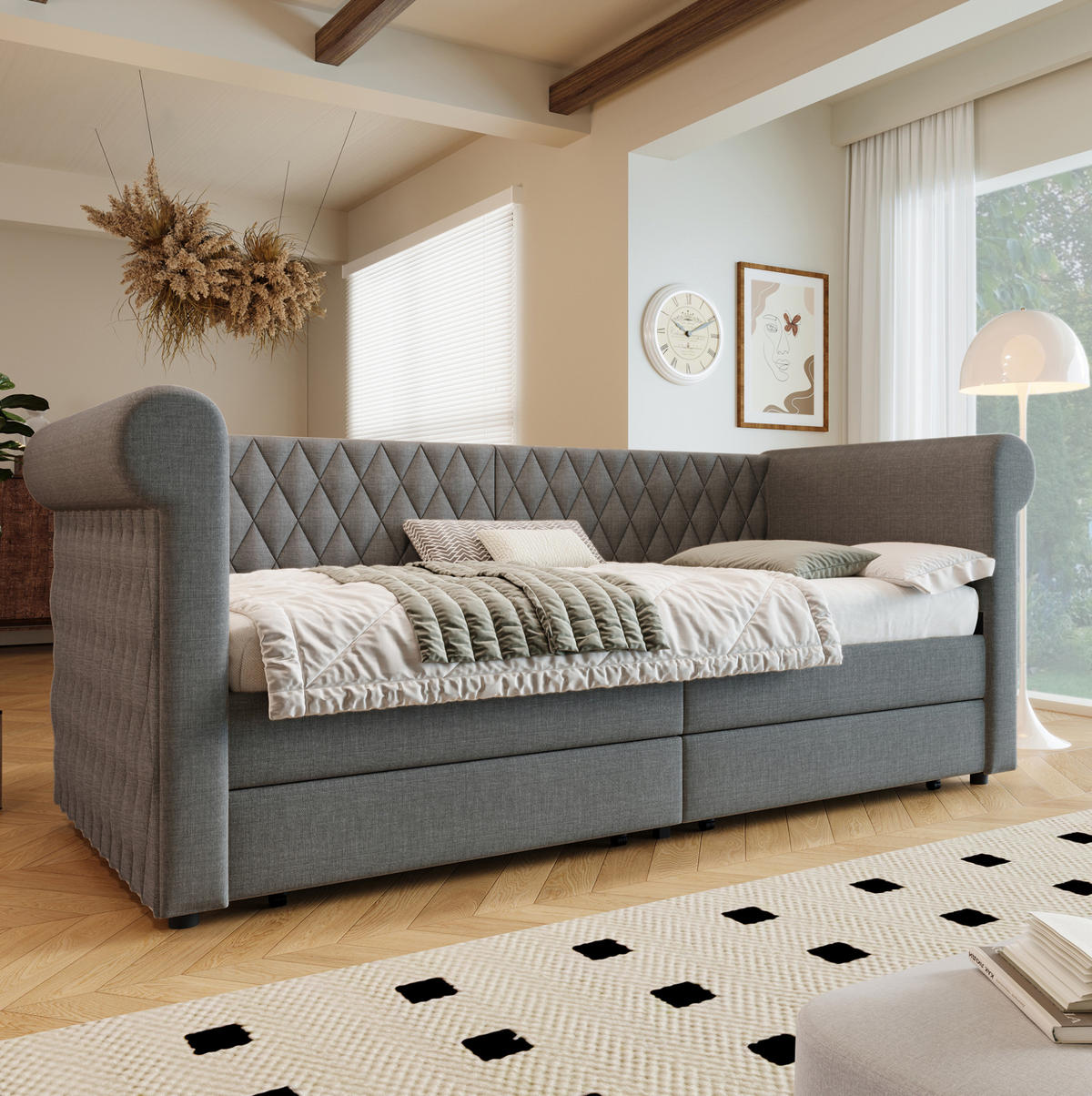 BETT 90/200 cm Grau mit 2 Schubladen und Leinenbezug - Grau, Textil (90/200cm) - Flora Grace