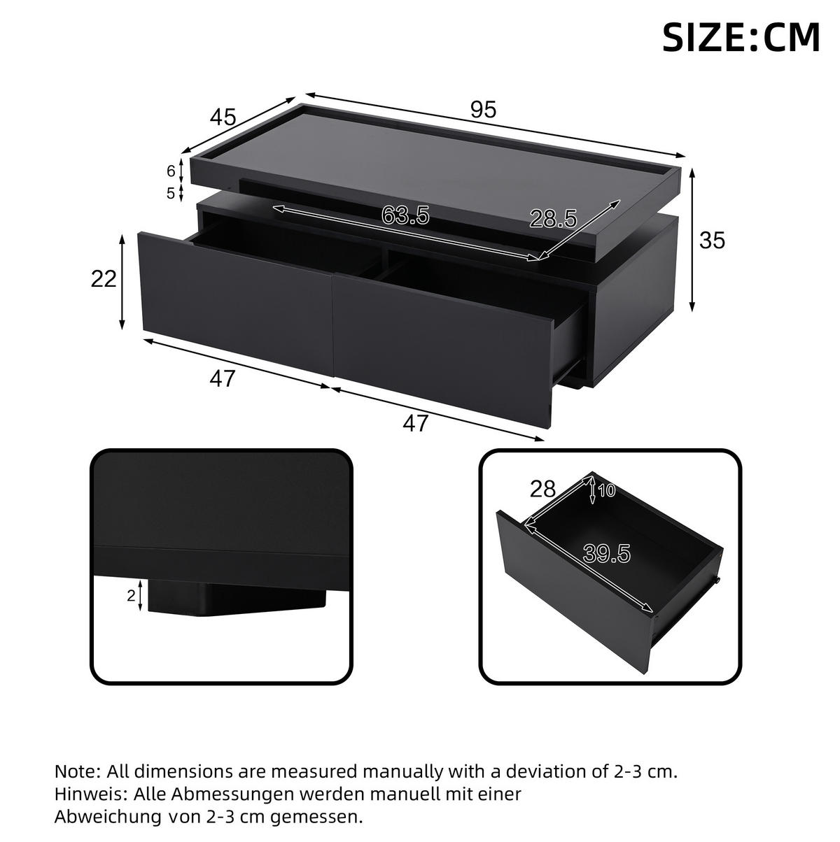 COUCHTISCH aus Spanplatte 95x45x35 cm Schwarz mit LED-Beleuchtung und 2 Schubladen - Schwarz, Holzwerkstoff (95/45/35cm) - IVMEU