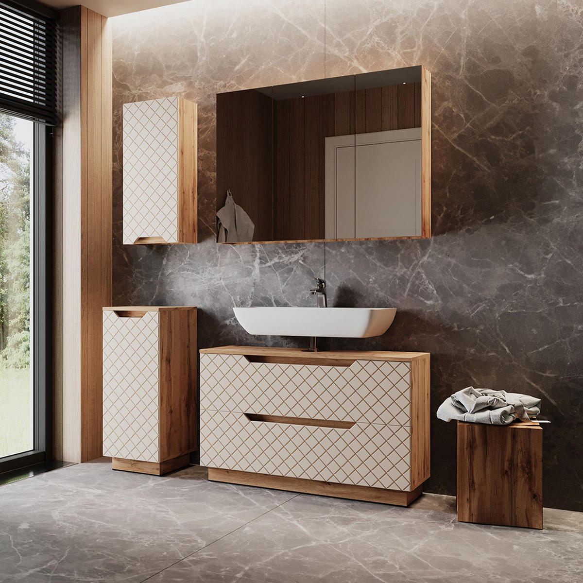 BADMÖBEL-SET Lotta Eiche/Kaschmir mit Kachelstruktur 4 Teile - Kaschmir/Eichefarben, Holzwerkstoff (99.4/62.5/32cm) - Vicco