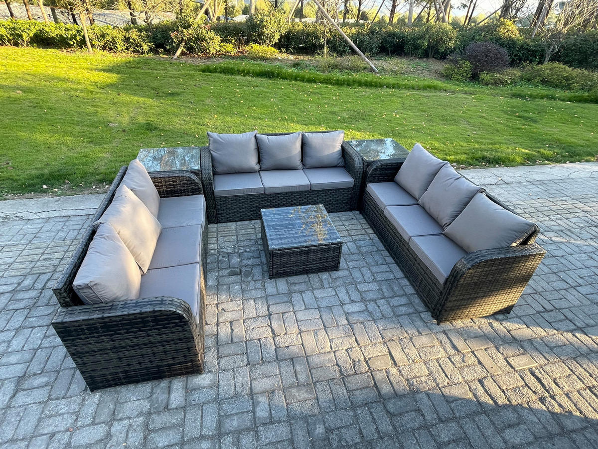 GARTENMÖBELGARNITUR mit KISSEN Polyrattan Dunkelgrau 9-Sitzer - Dunkelgrau/Grau, Glas/Kunststoff - Fimous
