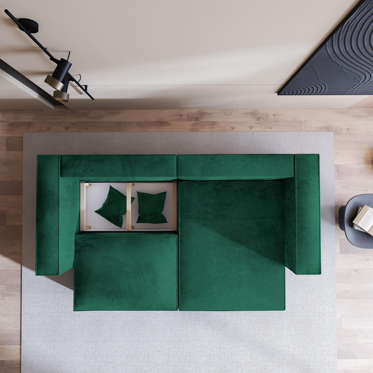 ECKSOFA NERIO M Grün Velours-Stoff mit Schlaffunktion - Grün, Holz (245/148cm) - MASSENO