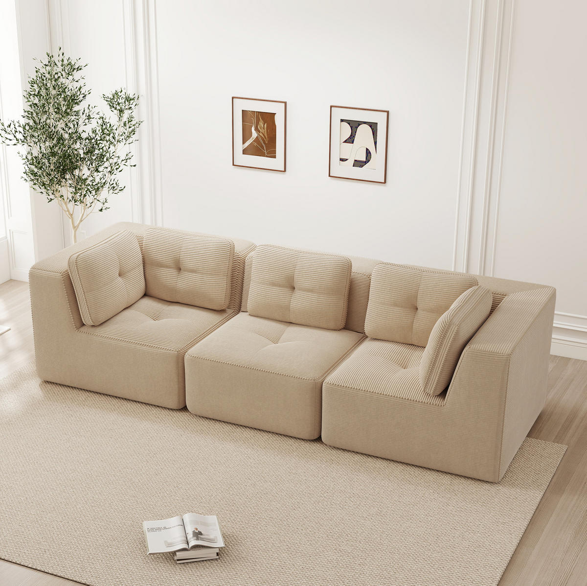 SOFA 297/104/69 cm in Beige aus Cord mit tiefer Sitzfläche - Beige, Textil (104/69/297cm) - Flora Grace