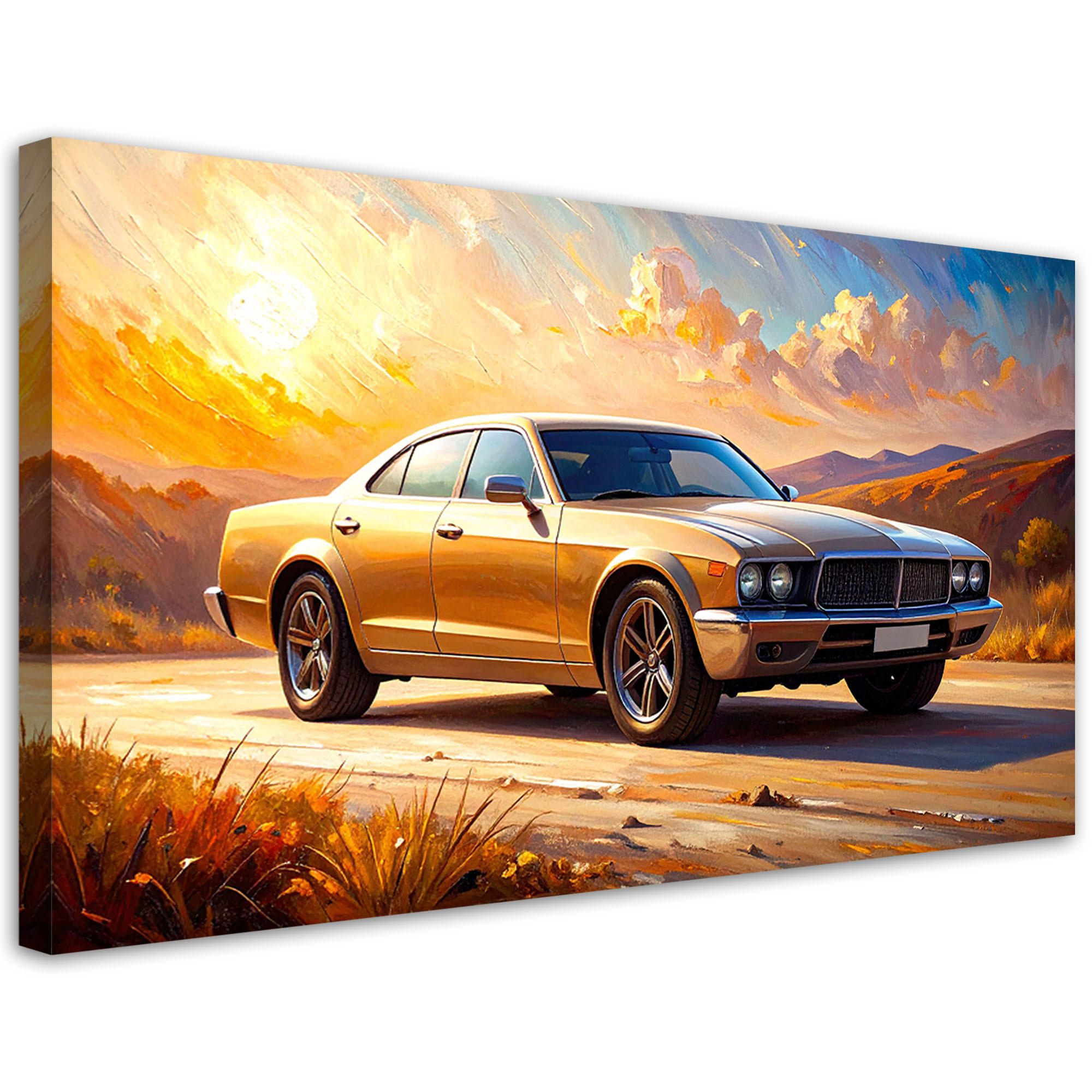 LEINWANDBILD Auto Straße Landschaft 120x60cm - Beige, Textil (120/60cm) - Feeby