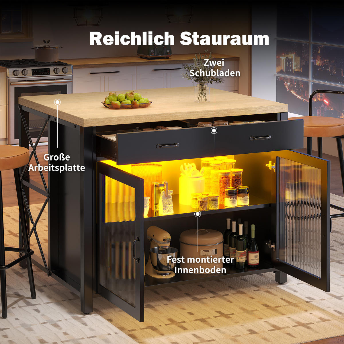 KÜCHENINSEL 100/80/90 cm Schwarz mit 2 Schubladen, LED-Lichtleiste und verstellbare Füße - Schwarz, Holz/Holzwerkstoff (110/91/40cm) - Oxeza