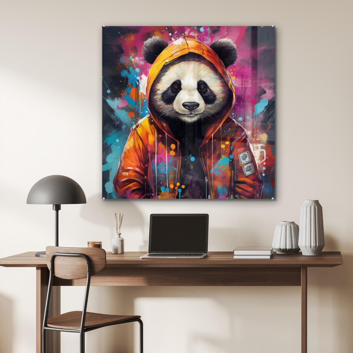 ACRYLGLASBILD Panda - Jacke - Graffiti - Orange 90x90 cm - Orange, Glas (90/90cm) - MuchoWow