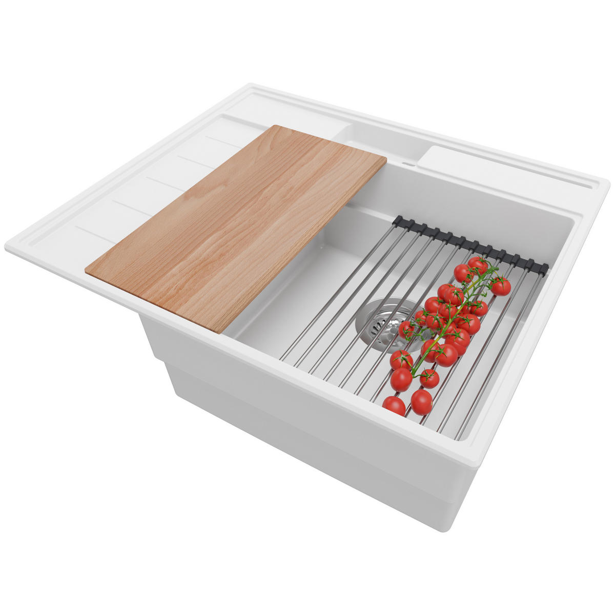 SPÜLBECKEN Sydney Pocket, 2-er set Weiß 62/53 cm 1 Becken + Ablauf-Set + Küchenzubehörset ab 45er Unterschrank - Chromfarben/Beige, Kunststoff (62/20/53cm) - Primagran