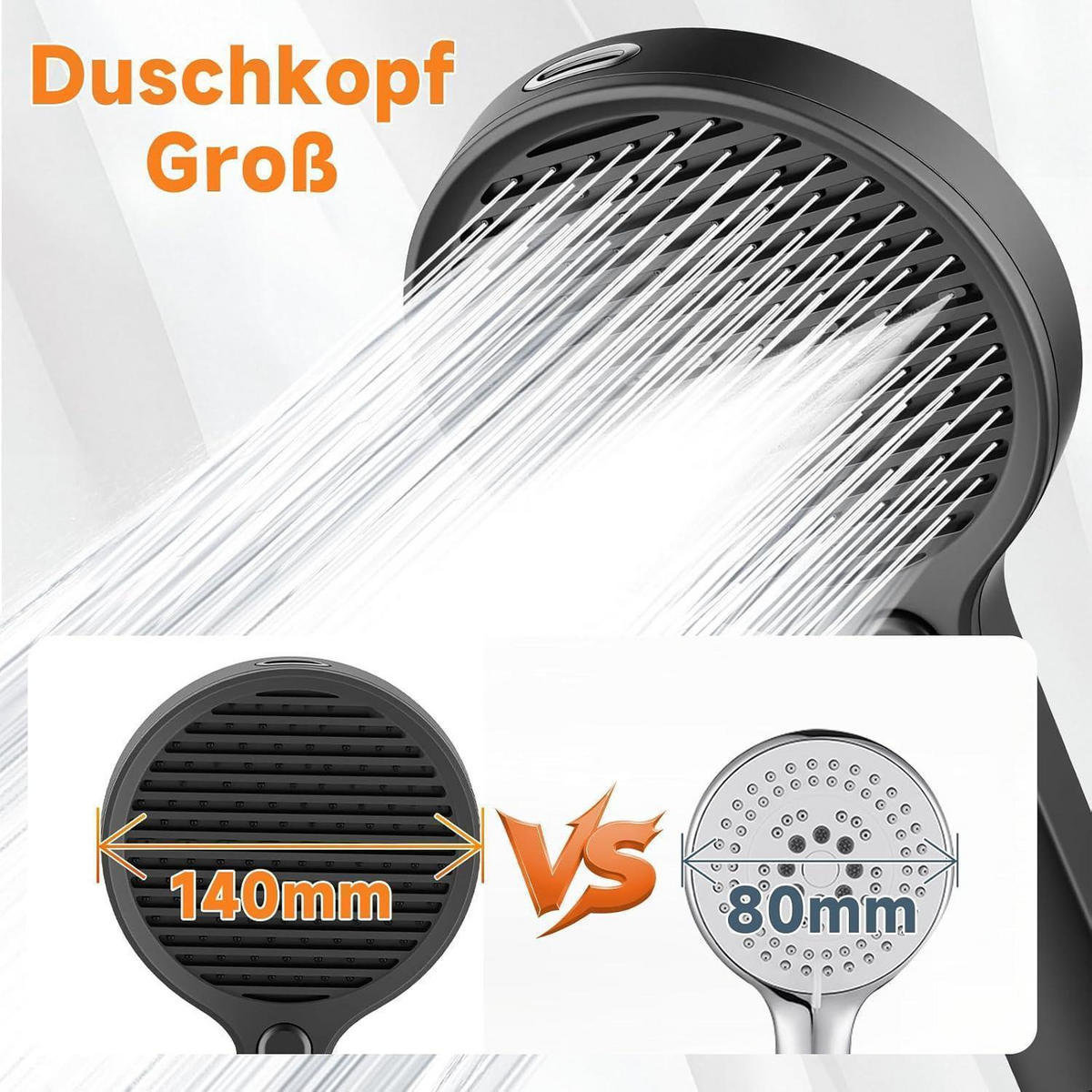 DUSCHKOPF Set Schwarz 140 mm mit 3+1 Strahlarten - Schwarz, Kunststoff (5/12.7/15cm)