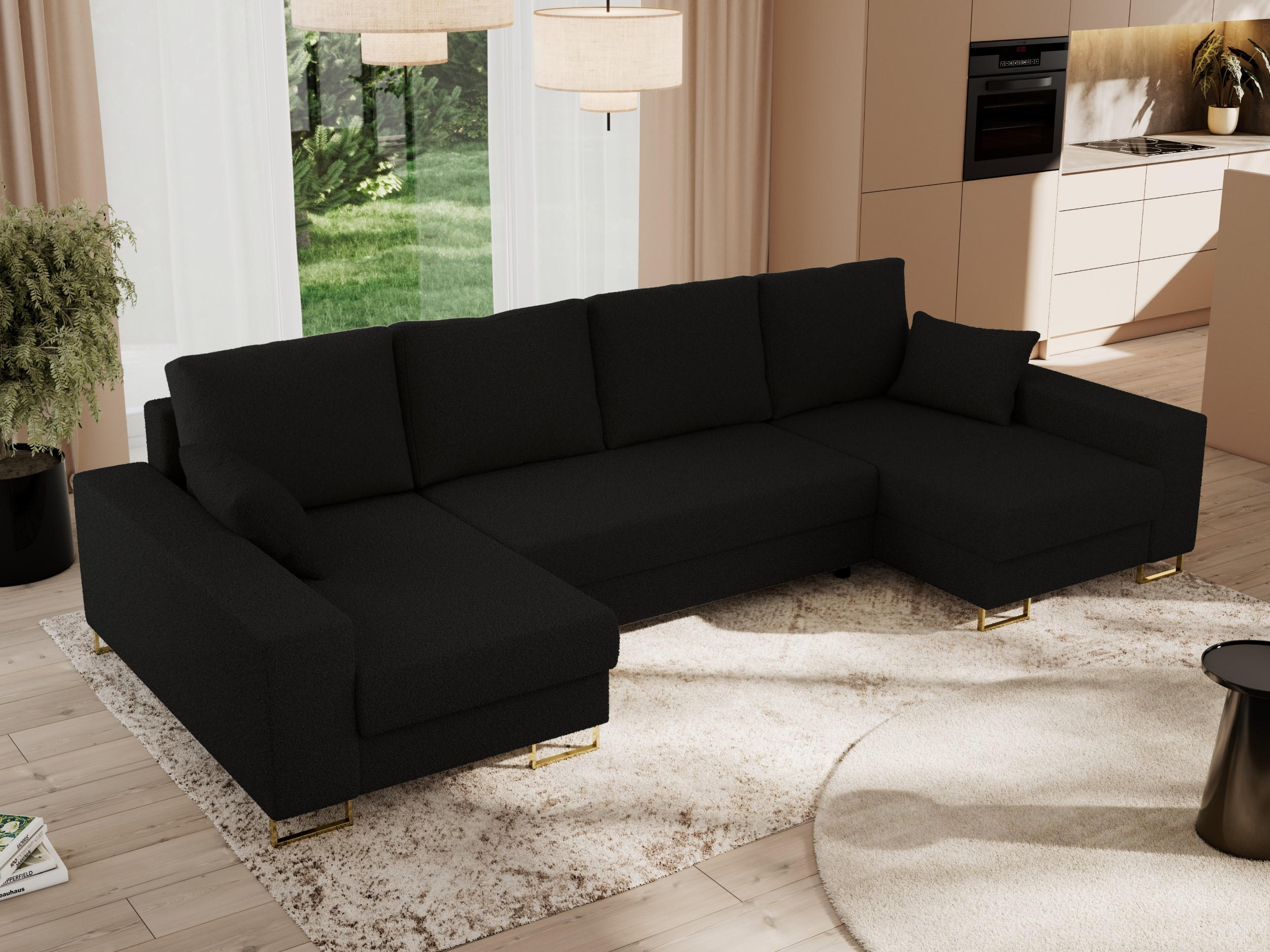WOHNLANDSCHAFT DORIAN U Bouclé Schwarz - Goldfarben/Schwarz, Textil/Metall (312/95/138cm) - MKS