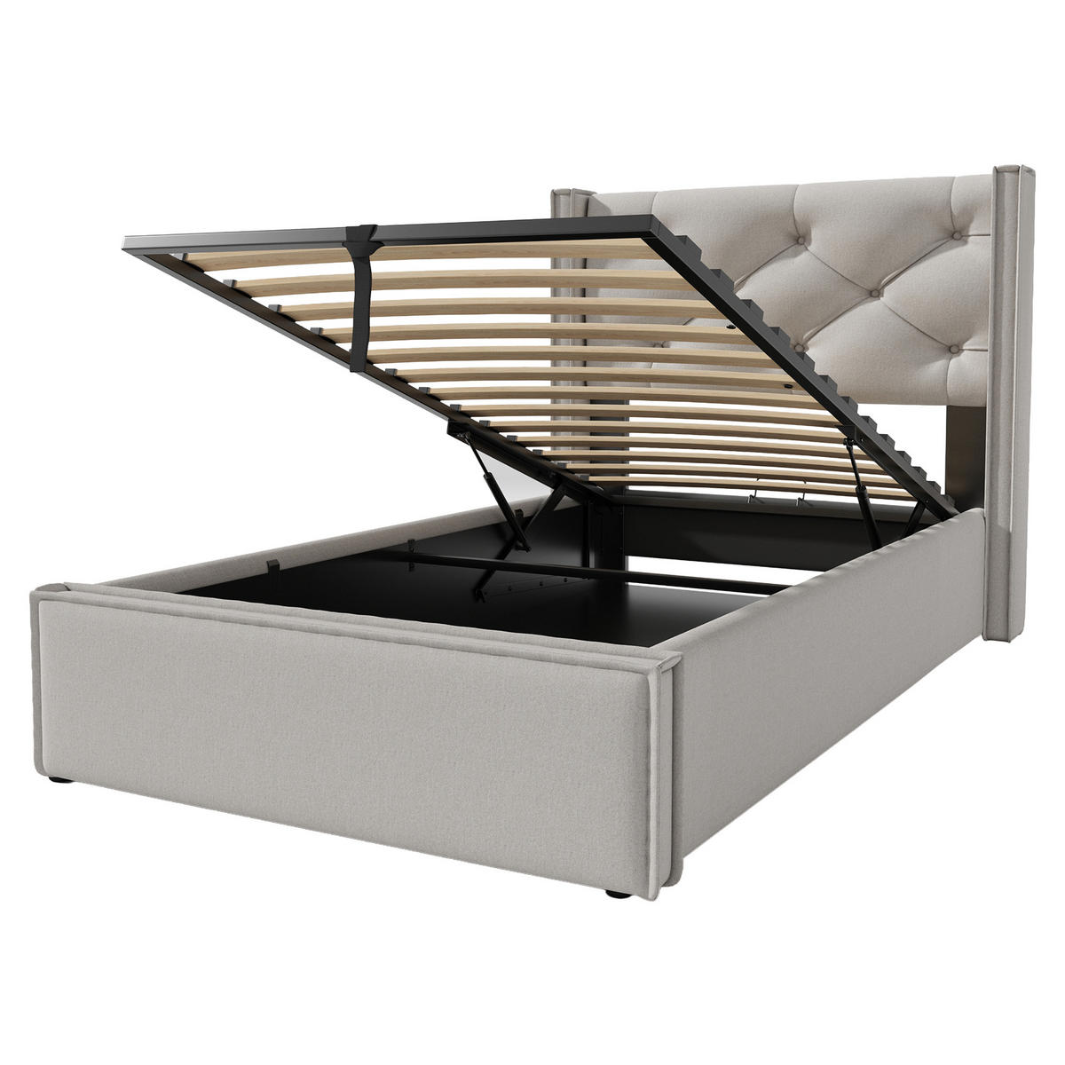 POLSTERBETT 90/200 cm mit hydraulischem Bettkasten, tief gestepptes Kopfteil, Hellgrau - Hellgrau, Textil (90/200cm) - Redom