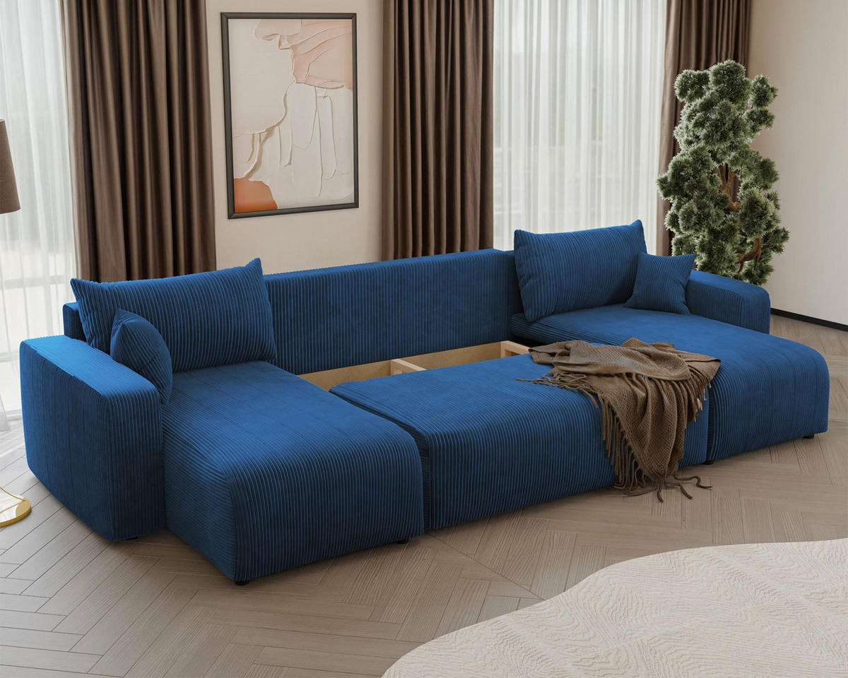 WOHNLANDSCHAFT Pianoni Marineblau Cordbezug - Schwarz/Dunkelblau, Kunststoff/Textil (312/83/140cm) - Selsey