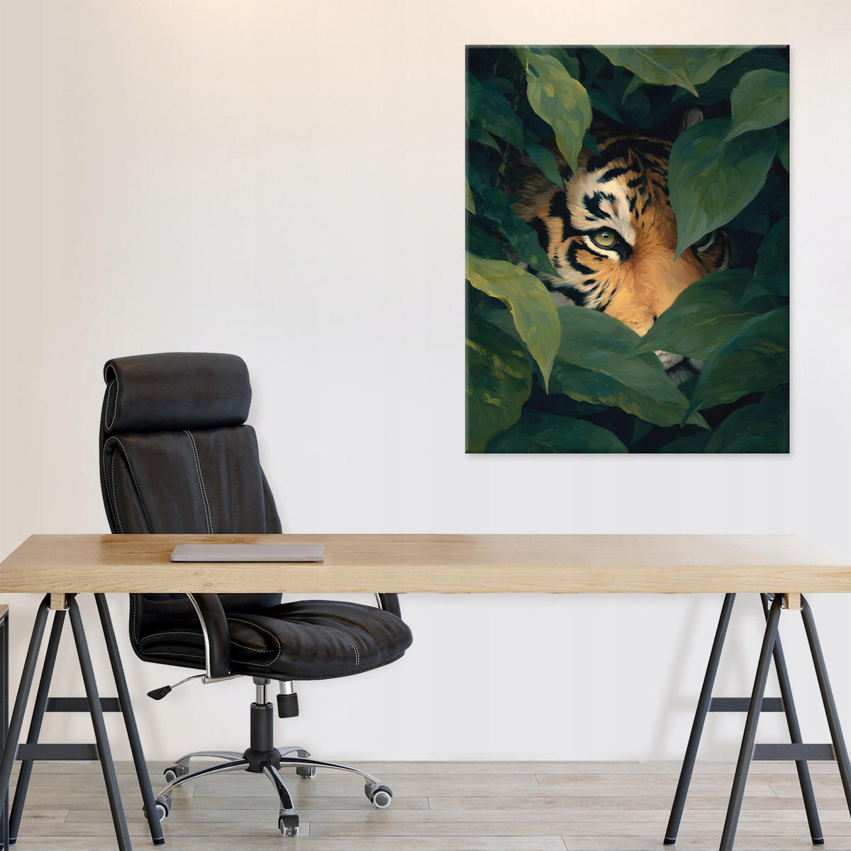 LEINWANDBILD Tiger Blätter Grün 120x80 cm - Multicolor, Holzwerkstoff (120/80cm) - Wallarena