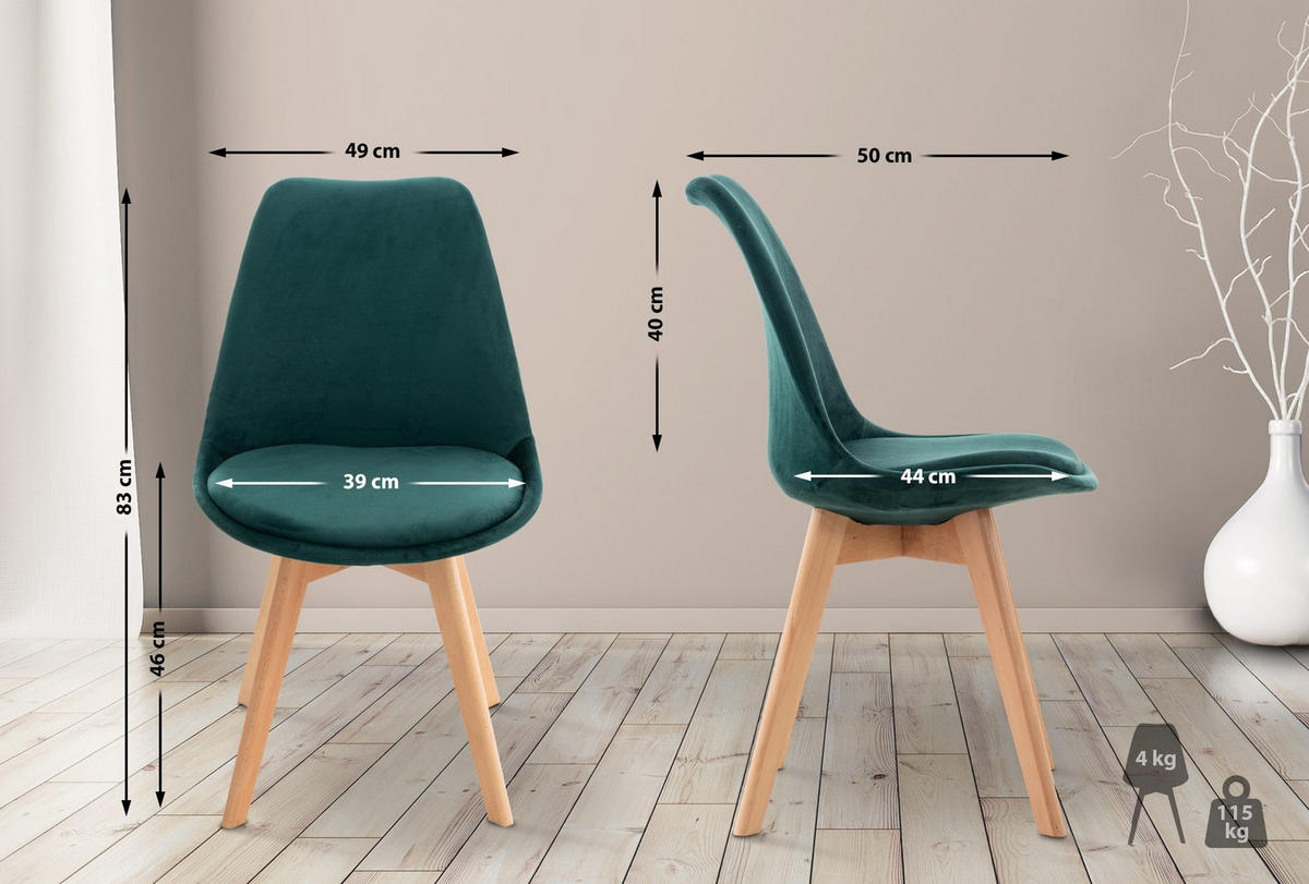 STUHL 4er Set Samt grün - Eukalyptusholzfarben/Grün, Holz/Textil (49/83/50cm) - CLP