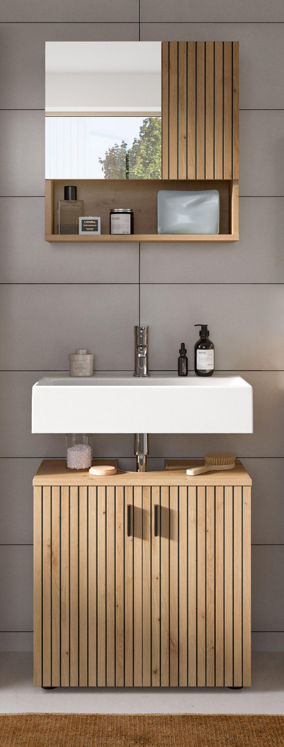 BADMÖBEL-SET Eiche Artisan 2-teilig 60 cm, Badezimmerkombination mit Rillen-Optik - Schwarz/Eiche Artisan, Glas/Holzwerkstoff (60/180/30cm) - Inn.Furn