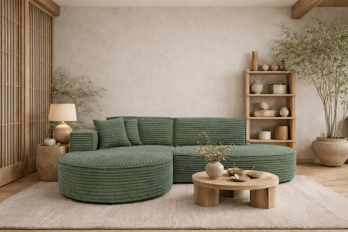 ECKSOFA L-Form, Cordstoff Velo, Olive, Links, Modena Studio - Olivgrün, Holz (236/165cm) - Kaiser Möbel