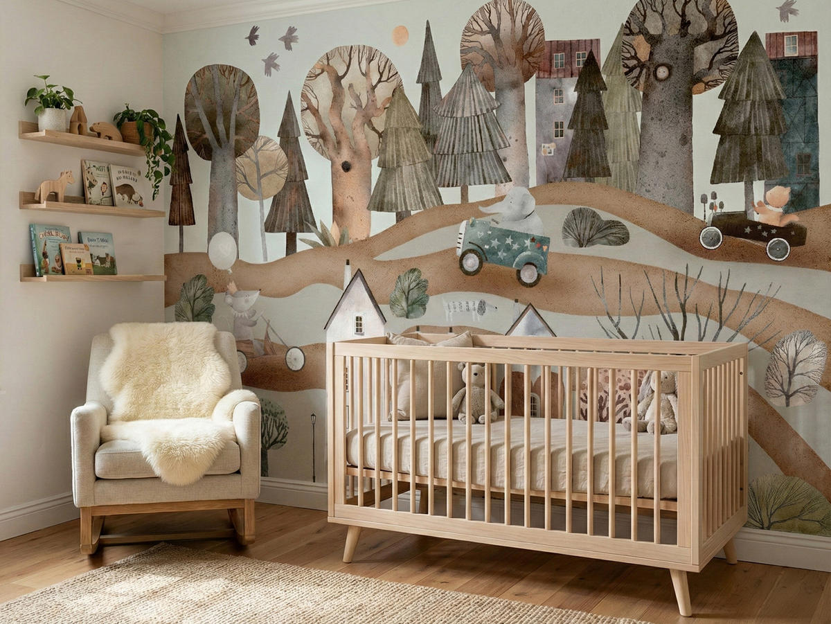 FOTOTAPETE für Kinderzimmer Fantastische Stadt Häuser Wald Tiere Autos 250x175 - Beige/Braun, Papier (250/175cm) - Muralo