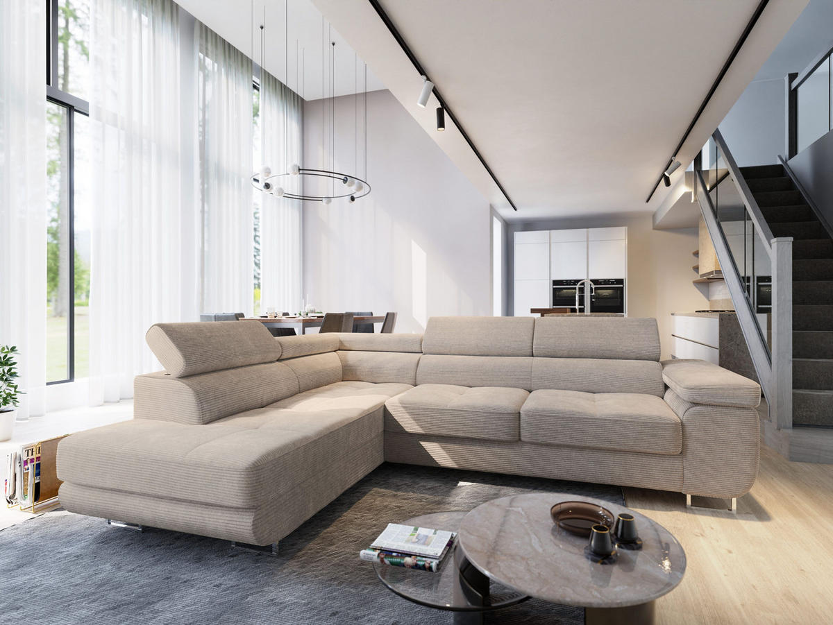 ECKSOFA APIRO L-S Beige Kordstoff mit Schlaffunktion - Beige, Holz (276/202cm) - MASSENO