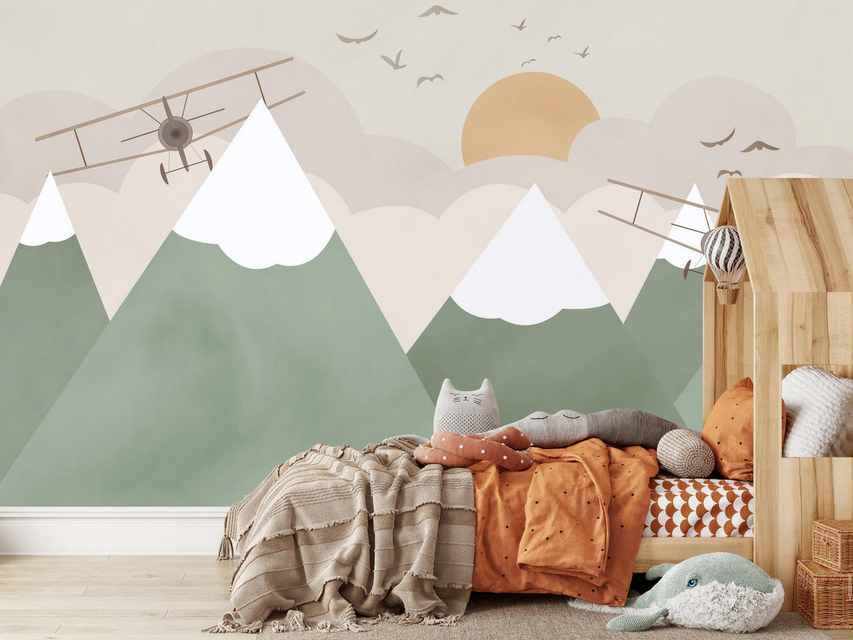 FOTOTAPETE für Kinderzimmer Berge Flugzeuge Wolken 300x210 - Beige/Orange, Papier (300/210cm) - Muralo