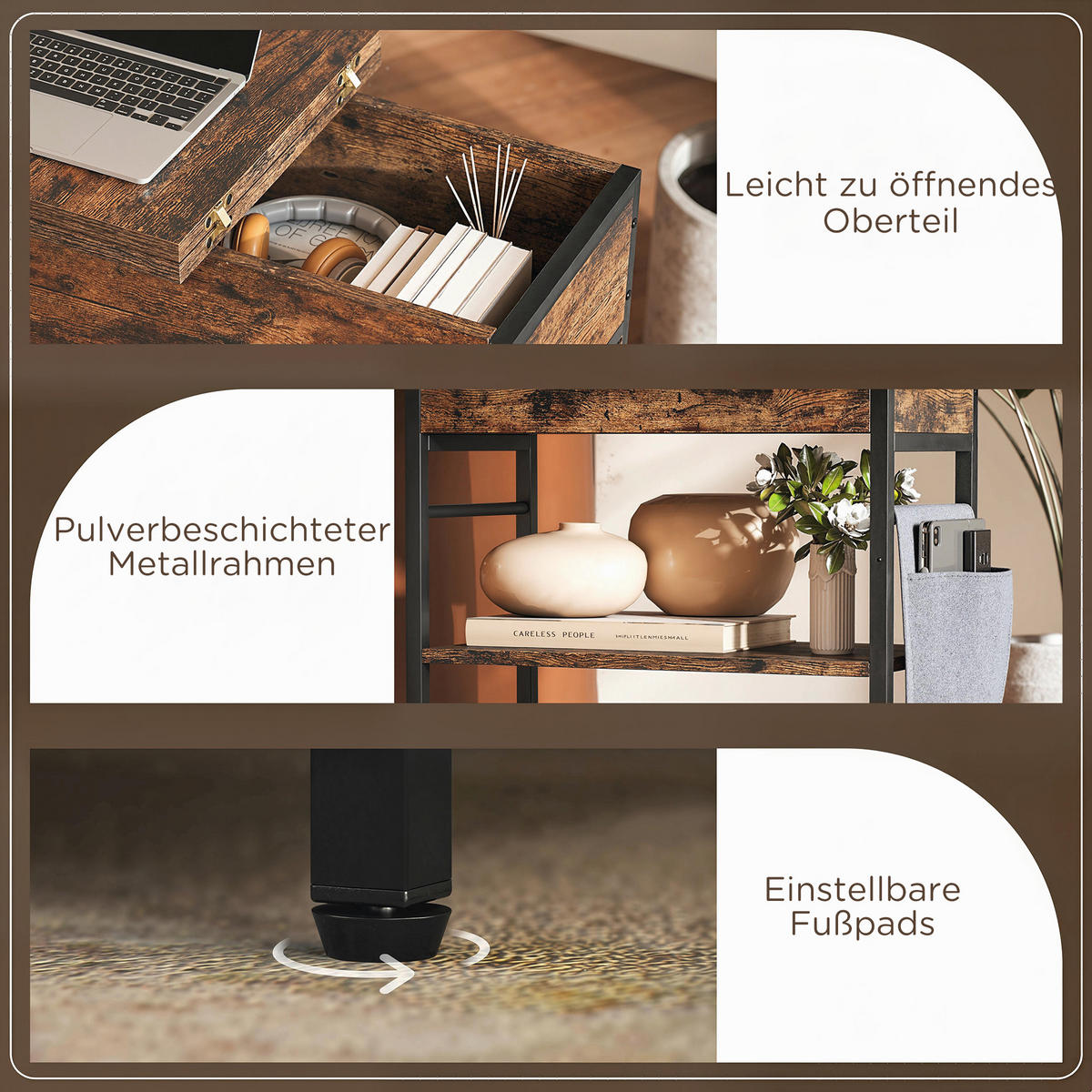 BEISTELLTISCH Nachttisch mit Steckdosenleiste, 2 Ebenen, USB-Anschlüssen Stauraum 60 x 29,8 x 58,5 cm Rustikal Braun - Wildeiche, Holzwerkstoff (29.8/60/58.5cm)