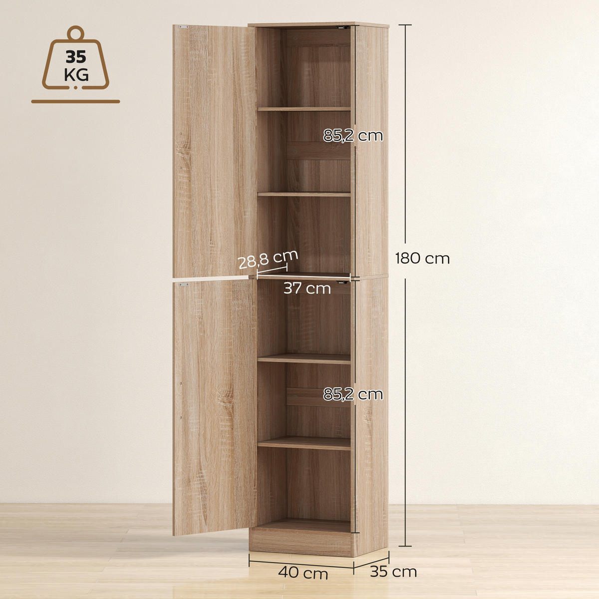 BADRUMSSKÅP smal högskåp med 2 dörrar och justerbara hyllor - Naturfärgad/Silverfärgad, Träbaserade material/Metall (35/180/40cm) - HOMCOM