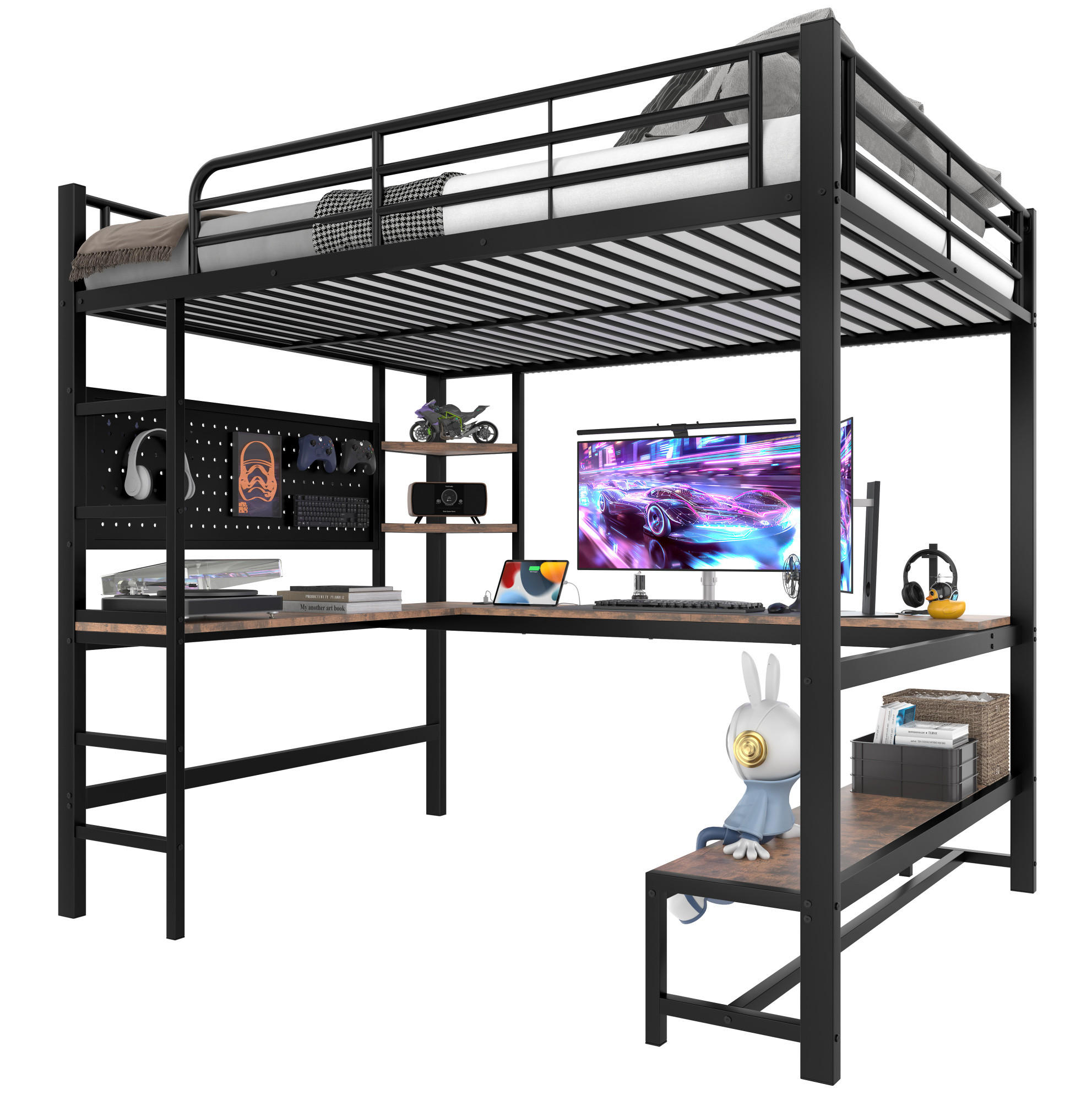 HOCHBETT 140/200 cm, Schwarz mit Schreibtisch, LED und USB-C - Schwarz, Metall (140/200cm) - MIVRAY
