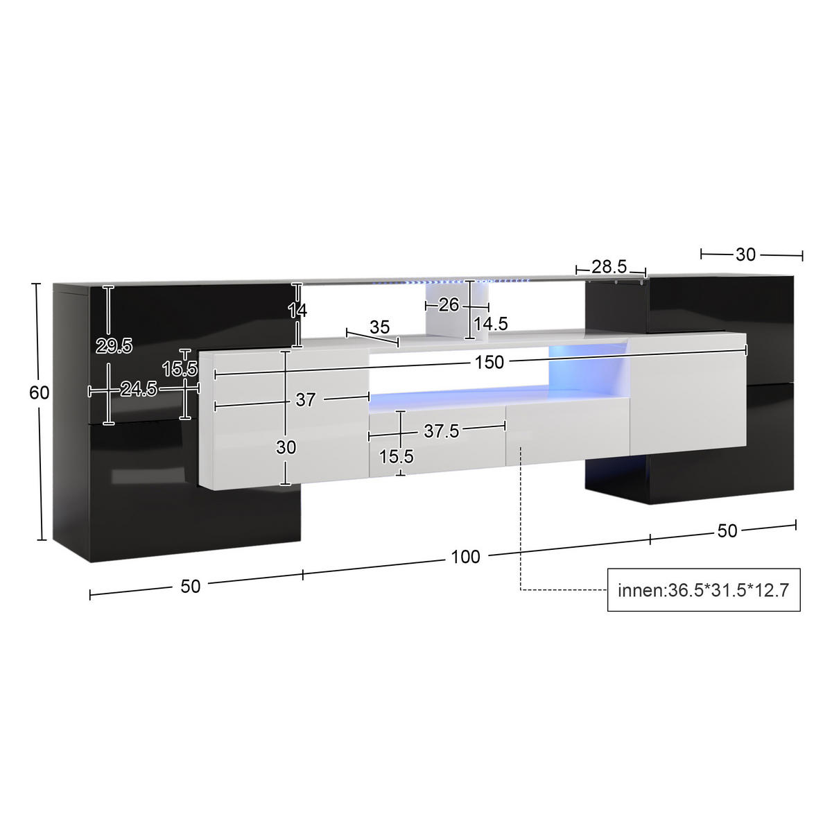 TV ormarić 200/35/60 cm crno-bijeli od iverice i MDF-a s LED rasvjetom i staklenom površinom - crna, drvni materijal (200/60/35cm) - OKWISH
