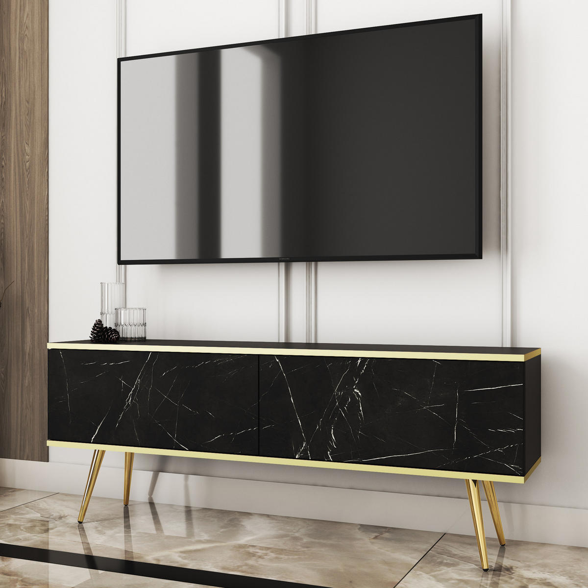 TV-LOWBOARD FORNO (Marmor Black Royal, Goldene Details, 2 Türen, goldene Metallfüße, 135 cm) - Gelb/Goldfarben, Holz/Holzwerkstoff (135/53/32cm) - Ravio