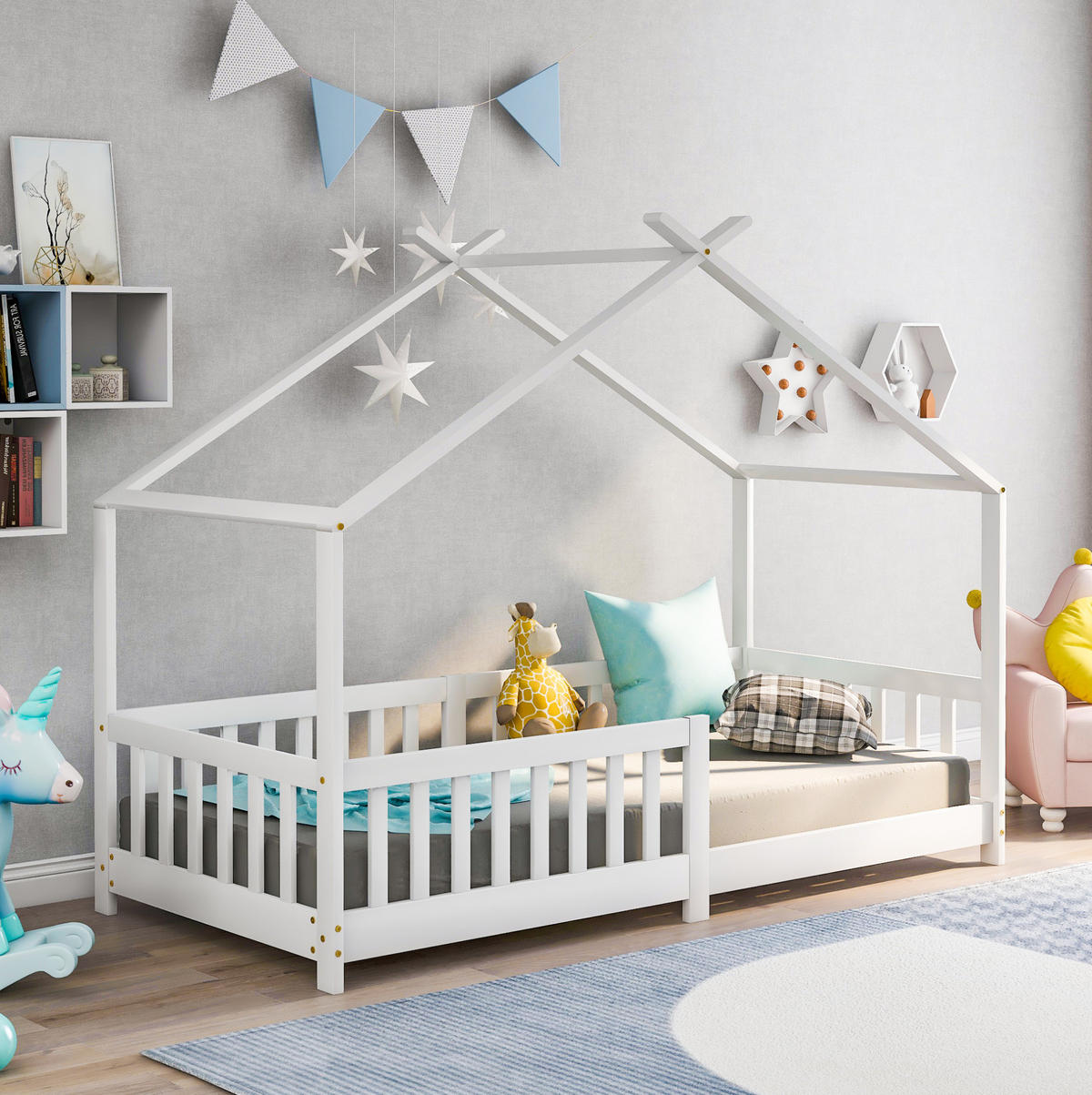 HAUSBETT Kinderbett 90/200 cm, Weiß mit Rausfallschutz und Stauraum - Weiß, Holz (90/200cm) - MIVRAY
