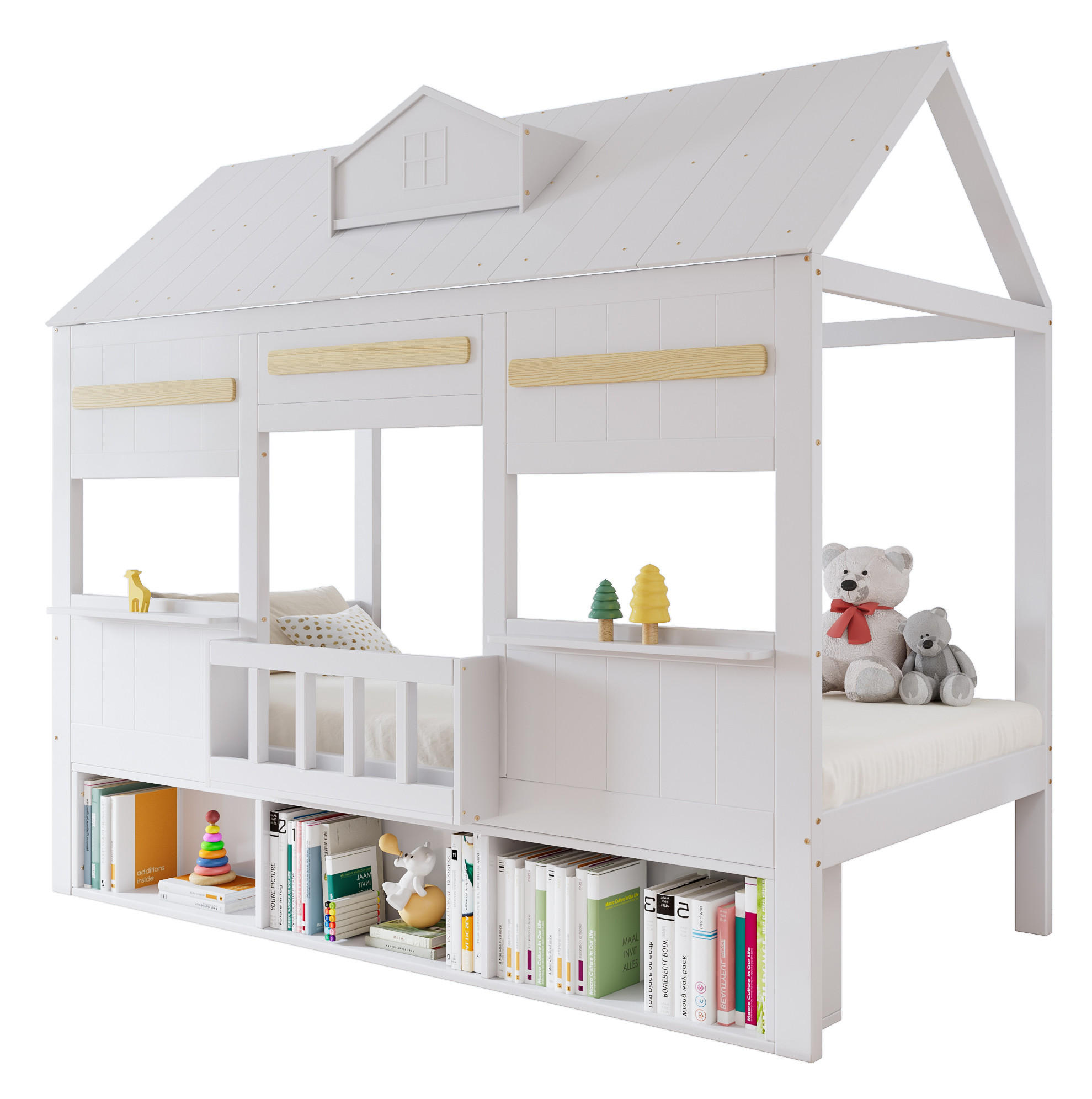 HOCHBETT 90/200 cm mit Bücherregal, stabilem Lattenrost und Hausdesign aus Massivholz und MDF, Weiß - Weiß, Holz (90/200cm) - Redom