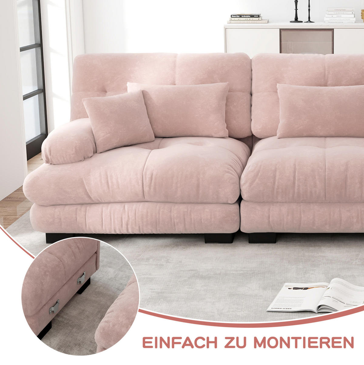 ECKSOFA mit modularem Design, beweglichen Ottomane, Deko- und Lendenkissen aus Chenille, Pink - Pink, Textil (220/145cm) - Redom