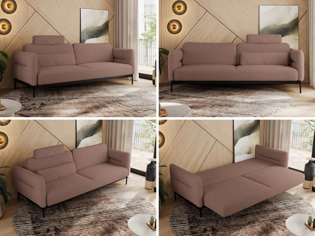 SOFA SALENTO Rosa Boucle - Schwarz/Rosa, Textil/Metall (221/82/101cm) - MKS