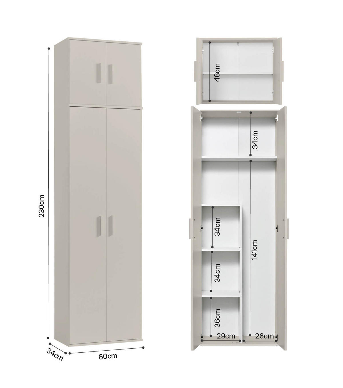 MEHRZWECKSCHRANK Der Extralange - Beige, Holzwerkstoff (60/230/34cm) - Mokebo