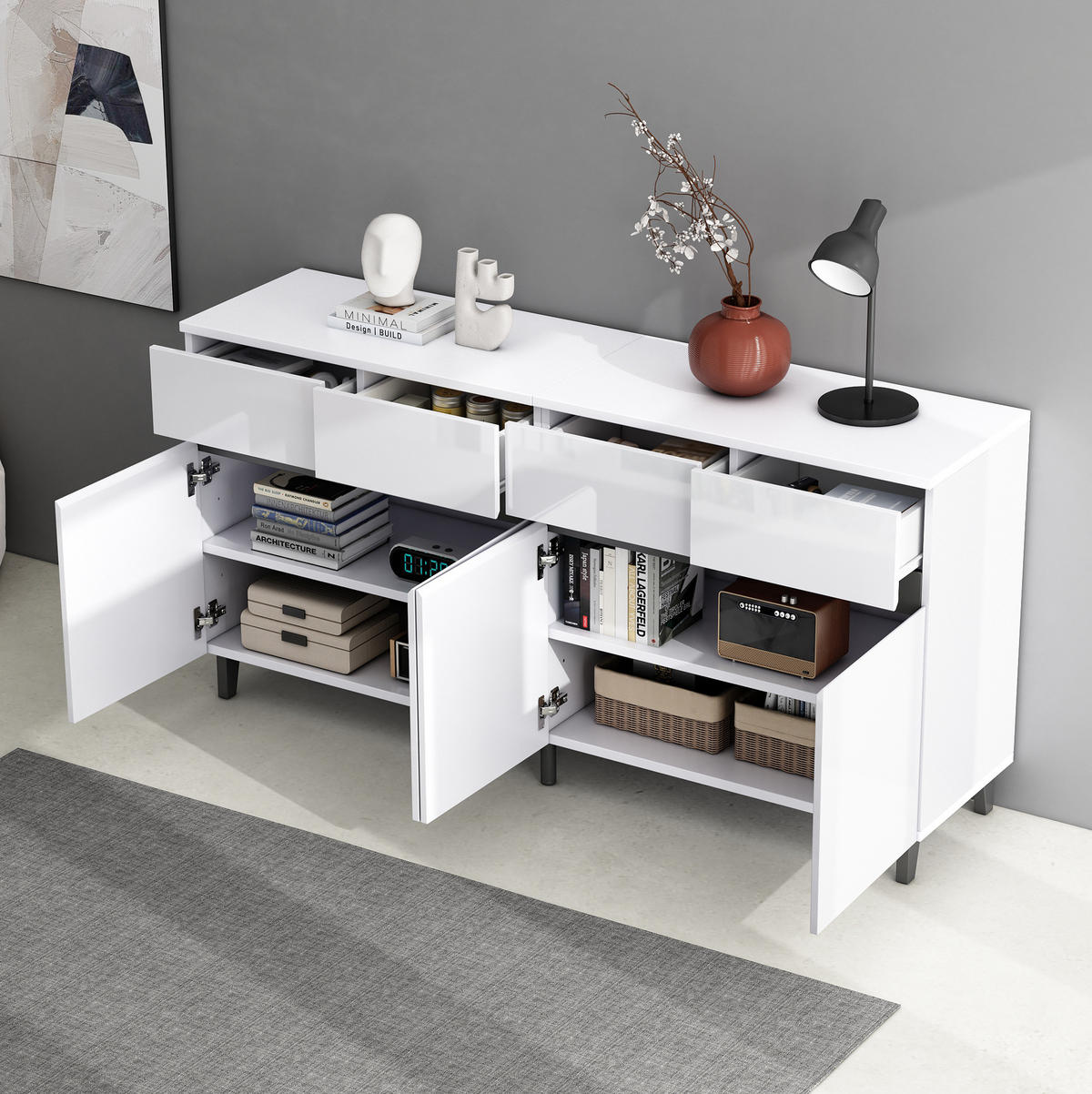 SIDEBOARD mit Hochglanz-Fronten, 4 Schubladen und 2 Türen, 160/40/68 cm, Weiß - Weiß, Holzwerkstoff (160/68/40cm) - Redom