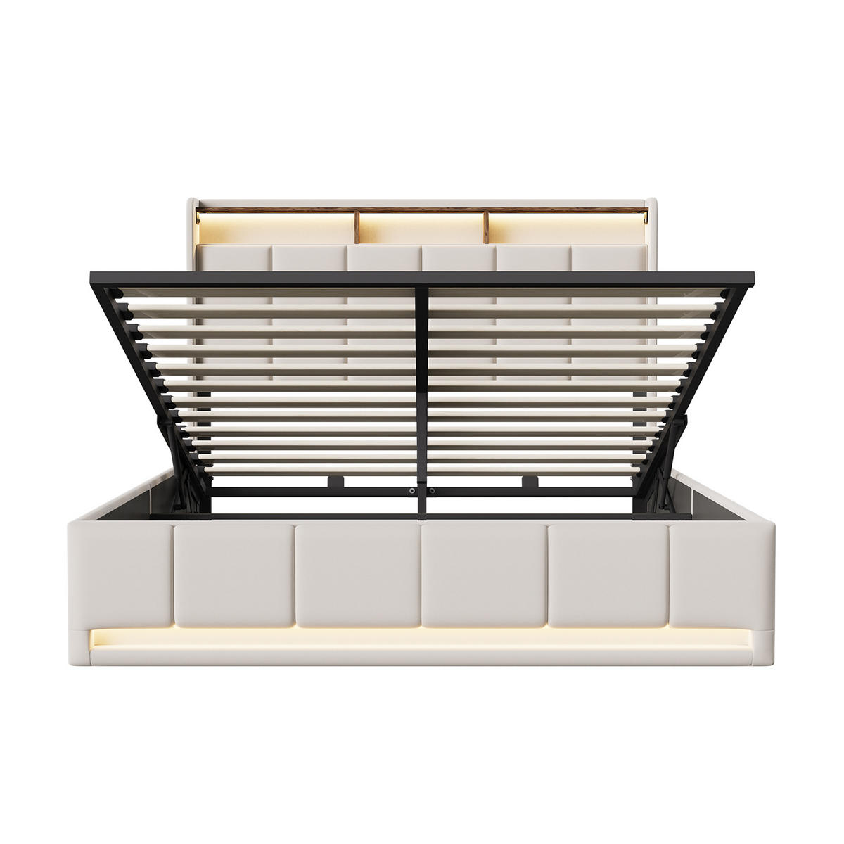 POLSTERBETT 140x200 cm Beige mit LED Beleuchtung, Kopfteil mit Stauraum und USB/Type-C, hydraulisches Stauraumbett - Beige, Metall (140/200cm) - EuroLiving