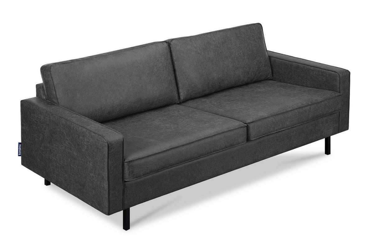 3-SITZER-SOFA INVIA Klassische-Stil mit Armlehnen, Lederoptik-Stoff, dunkelgrau - Dunkelgrau/Schwarz, Textil (209/87/98cm) - KONSIMO®