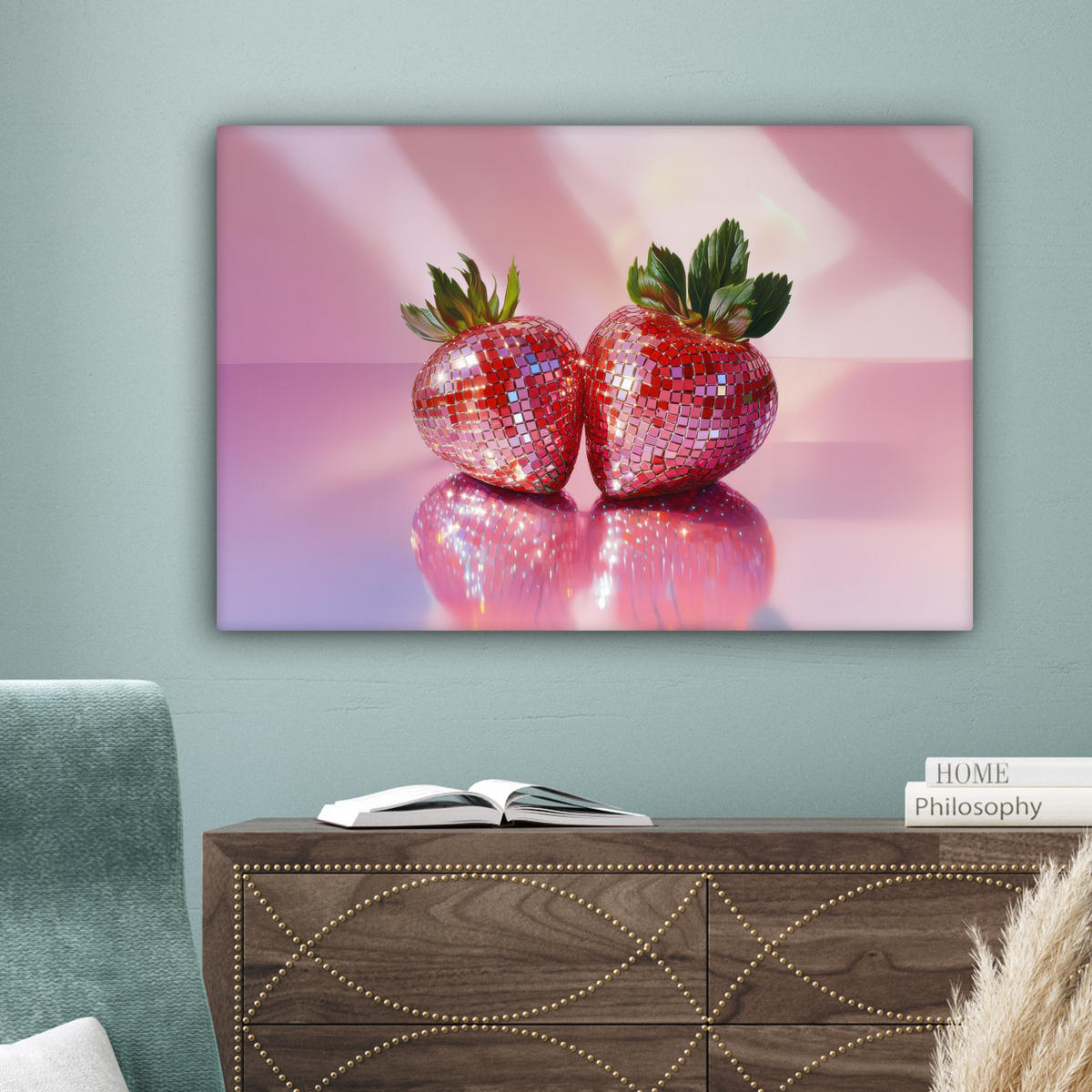 LEINWANDBILD Disco - Obst - Glitzer - Erdbeere Wanddeko 90x60 cm - Pink, Textil (90/60cm) - MuchoWow