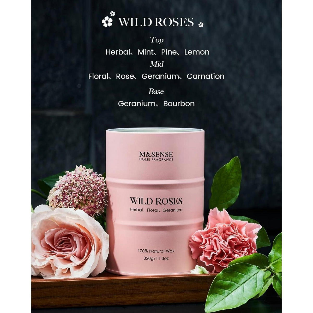 DUFTKERZE Wildrose 320g Sojawachs 70h Brenndauer - Rosa, Paraffin (10.5cm)