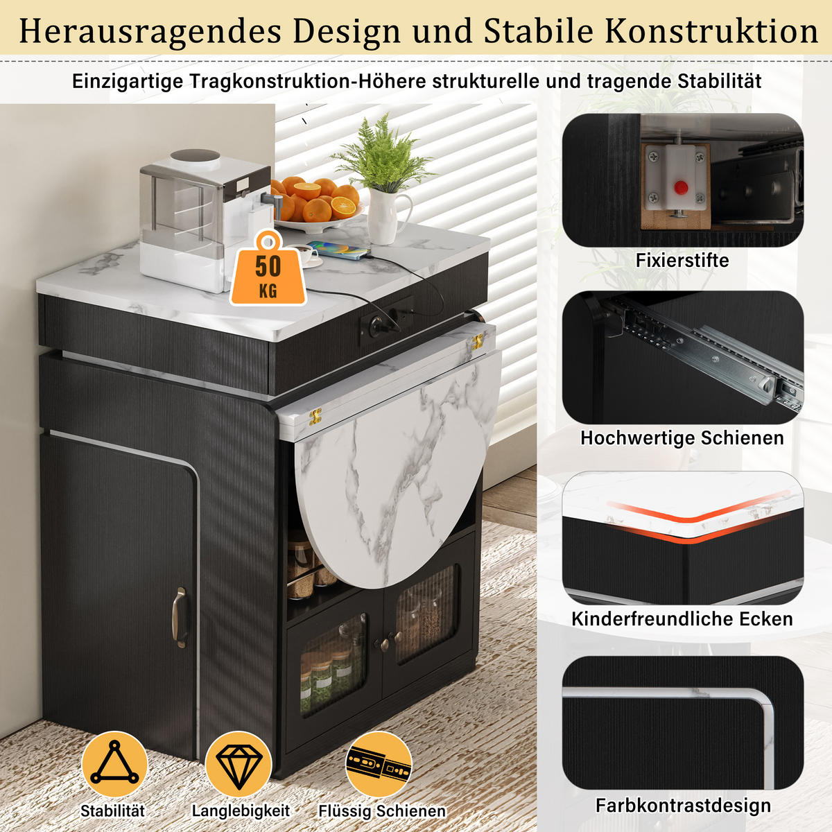 KÜCHENINSEL ausziehbar 55-194/80/95,5 cm mit LED DE-39581 Schwarz - Schwarz, Holzwerkstoff (80/95.5/55cm) - ComfortXL