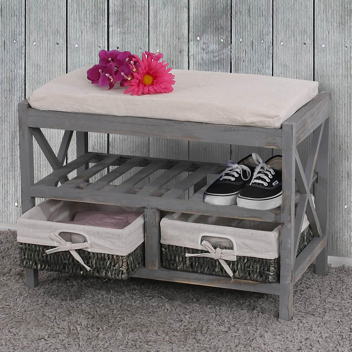 SCHUHREGAL SITZBANK Grau, Cremeweiß - Weiß/Grau, Holz (65/45/34cm) - MCW