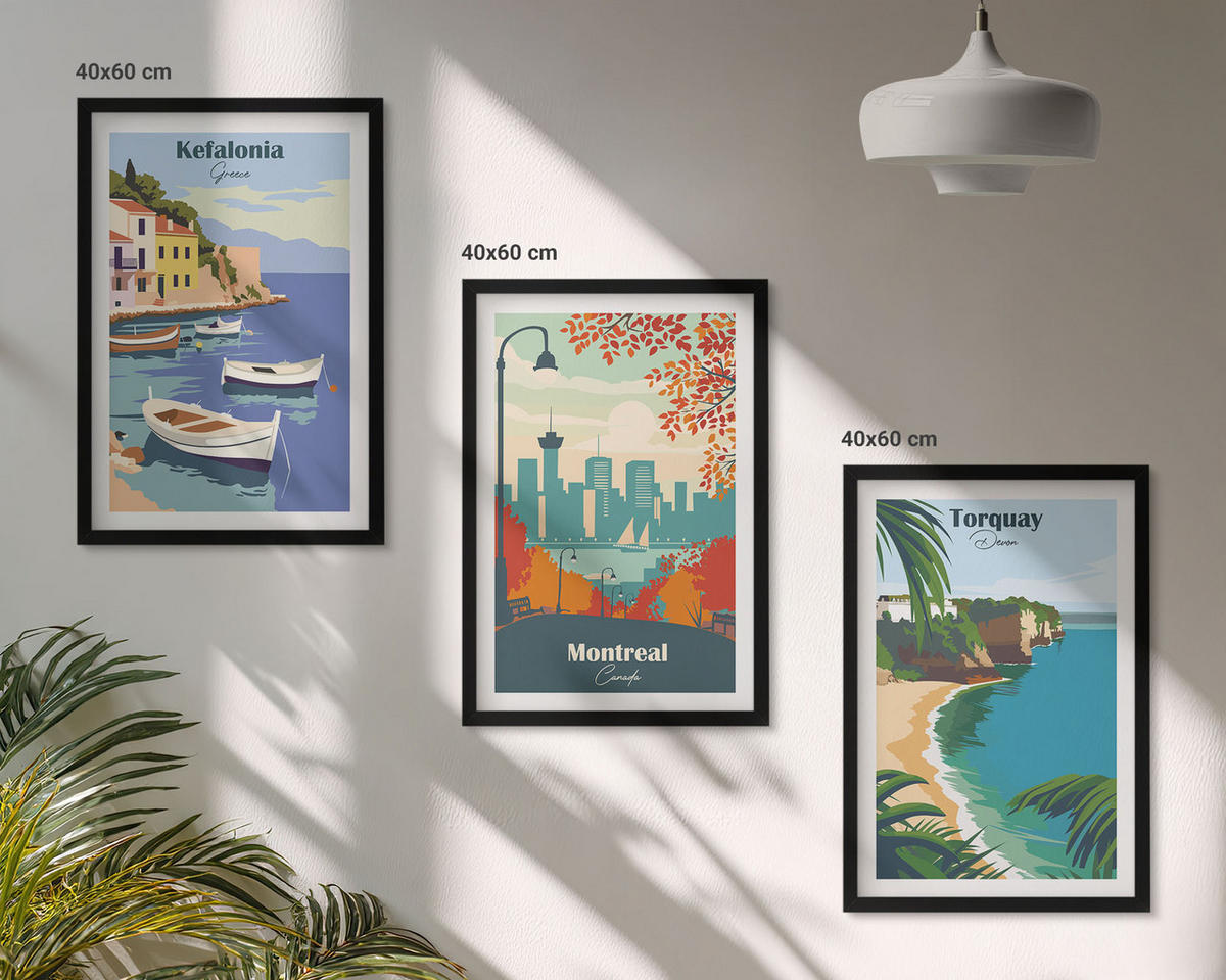 BILDER SET 3er Set - 40x60 cm Schwarzer Rahmen - Stadtansichten aus Griechenland, Kanada und Australien - Schwarz, Kunststoff (40/60cm) - TULUP