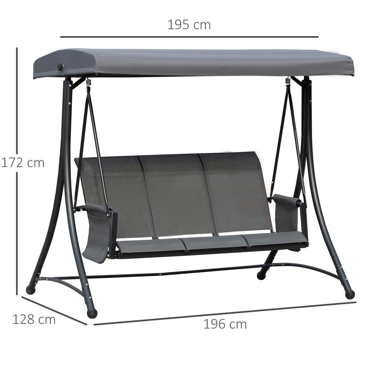 3-SITZER Hollywoodschaukel aus Metall 196 x 128 x 172 cm in Dunkelgrau mit Sonnendach - Dunkelgrau, Metall (196/172/128cm) - Modfu