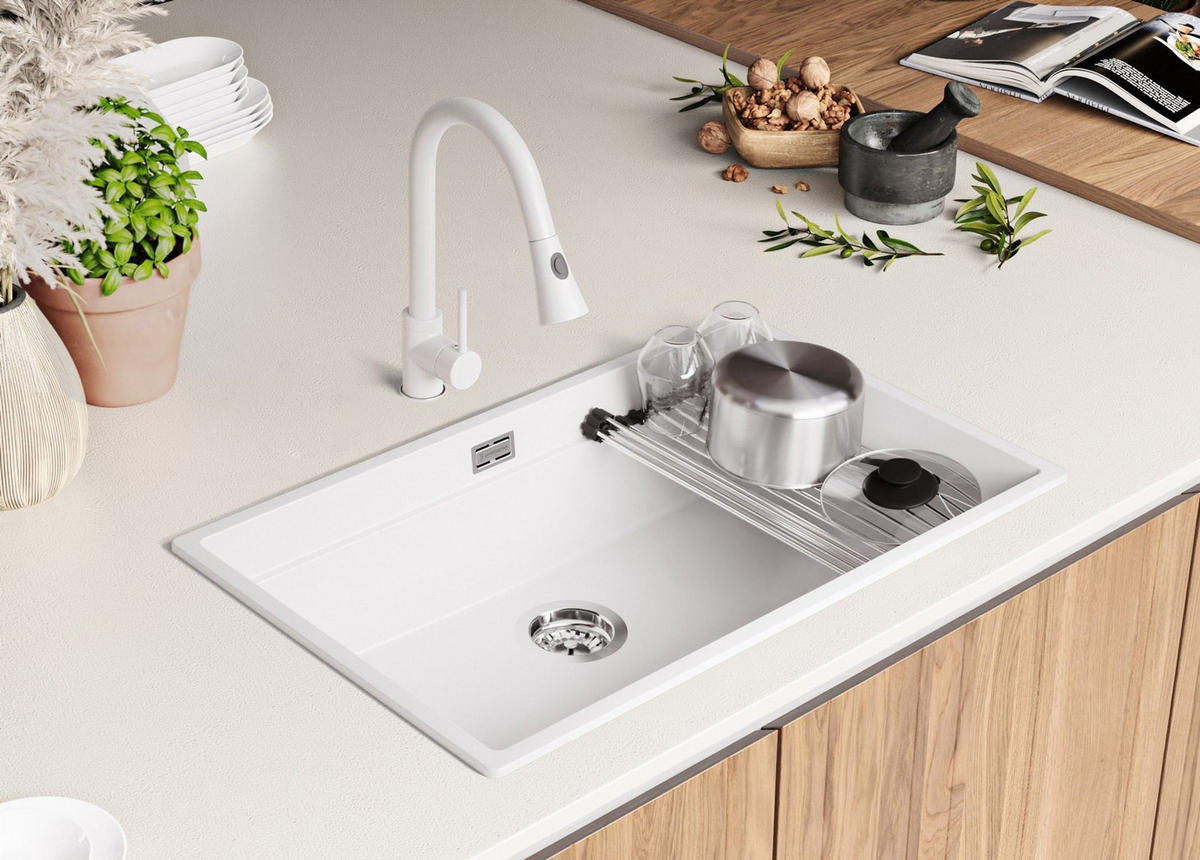 SPÜLBECKEN Praga Slim, 2-er set Weiß 76/47 cm 1 Becken + Ablauf-Set + Aufrollbare Abtropffläche ab 80er Unterschrank - Chromfarben/Weiß, Kunststoff (76/20/47cm) - Primagran