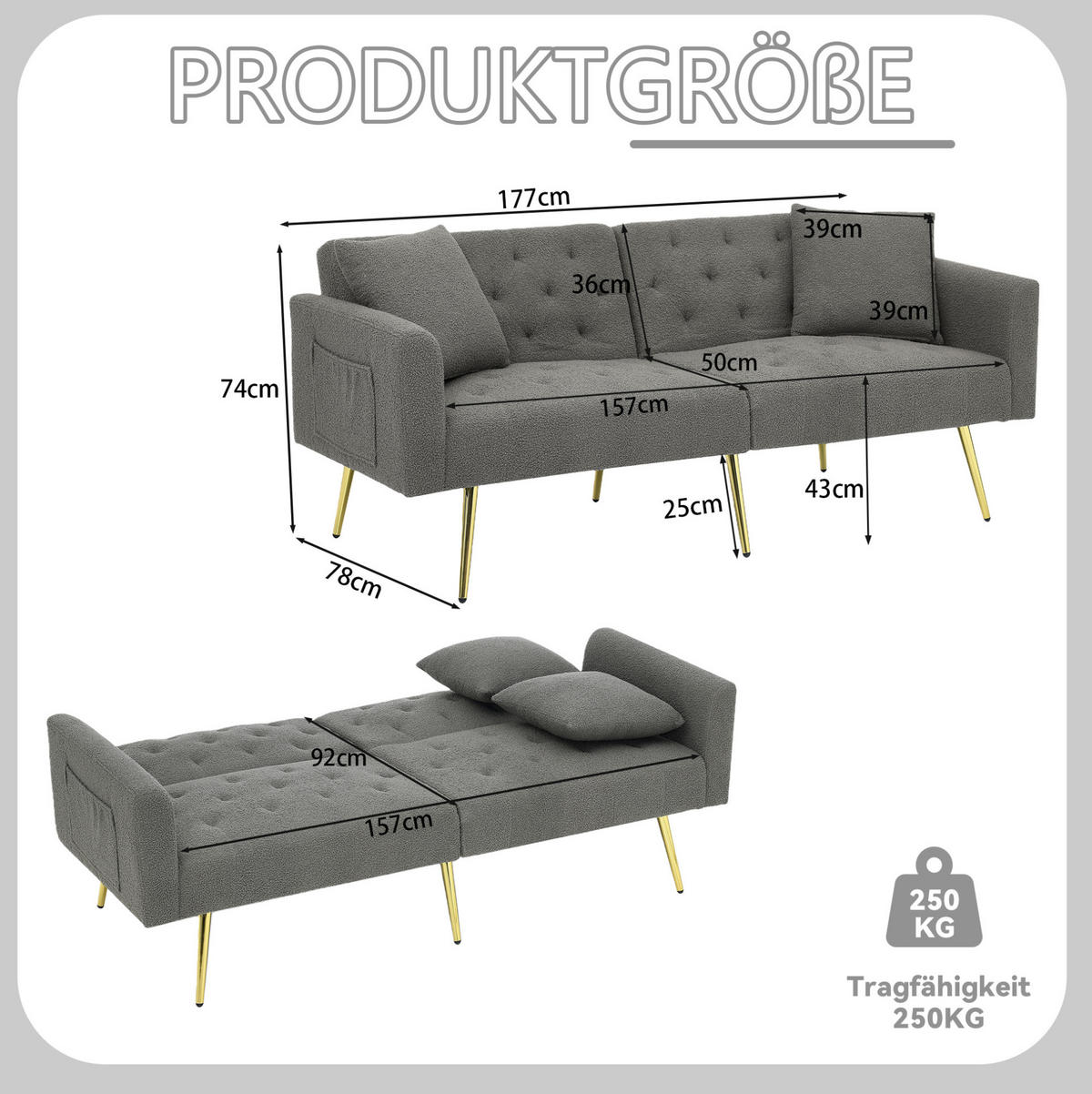 SOFA 2-Sitzer mit verstellbarer Rückenlehne Teddy Gray - Grau, Holzwerkstoff (177/74/78cm) - Meubliv